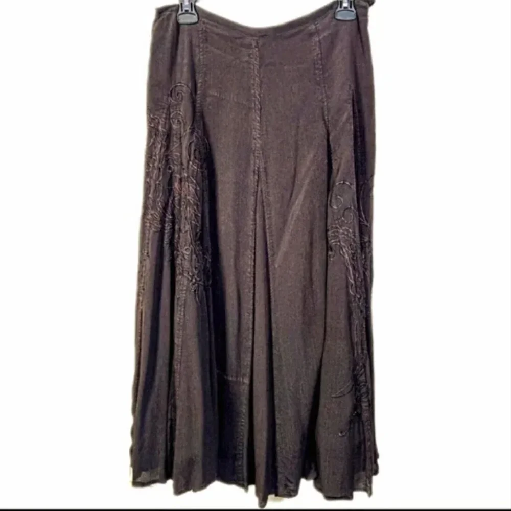 Vtg Coldwater Creek Boho Gypsy Maxi Skirt Chocolate Brown Paisley Embroidered XS